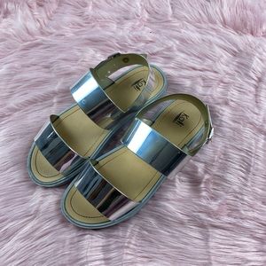 Silver metallic flat form sandals